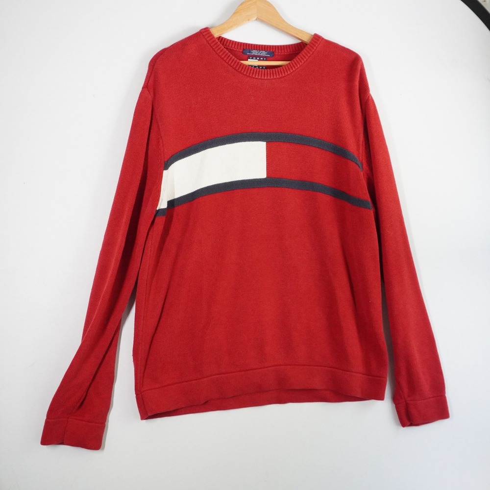 VTG 90s Y2K‎ Tommy Jeans Red Cotton Sweater Large Flag Logo Made in Japan Mens